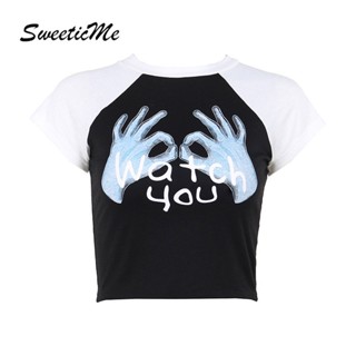 Sweeticme ใหม่ เสื้อยืดครอป คอกลม แขนสั้น พิมพ์ลาย ทรงสลิมฟิต แฟชั่นสําหรับผู้หญิง 2023