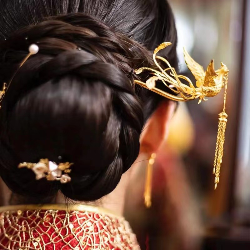 DMO-Classical Golden Phoenix Hairpin เจ้าสาว Hairpin Phoenix เครื่องประดับผม FS10175