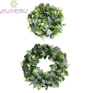 【COLORFUL】Faux Eucalyptus Leaf Wreath with Wild White Flowers for Wall Decoration