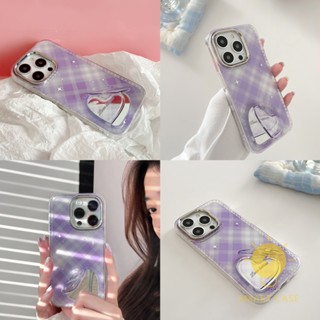 For เคสไอโฟน 14 Pro Max [Flip Mirror Simple Purple Grids] เคส Phone Case For iPhone 14 Pro Max Plus 13 12 11 For เคสไอโฟน11 Ins Korean Style Retro Classic Couple Shockproof Protective TPU Cover Shell