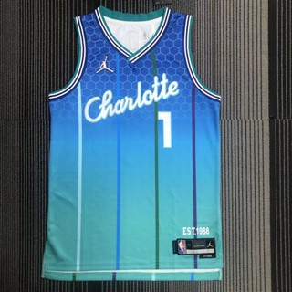 Hornets NBA Charlotte ปี 2022-23 สําหรับผู้ชาย #1 เสื้อกีฬาแขนสั้น ลายทีม Ball LaMelo สีฟ้า 389859