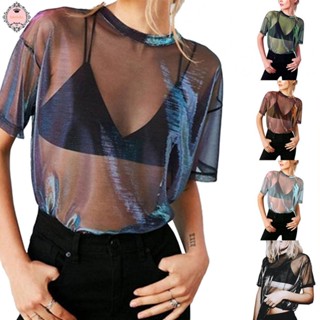 Women See Through Mesh Shiny Sheer Top T-Shirt Casual Blouse Tee Sexy Clubwear