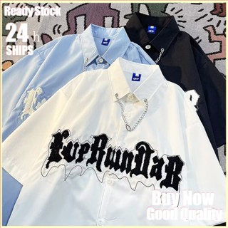 เสื้อเชิ้ตแขนสั้นลําลอง ปักลาย ทรงหลวม สไตล์เกาหลี วินเทจ สําหรับผู้ชาย