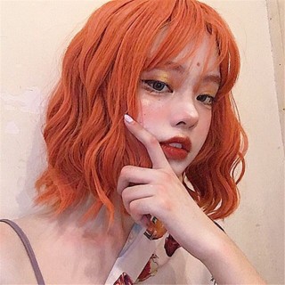 วิกผมหน้าม้า สีส้ม วิกผมสั้น หยิก แต่งหน้า เคมีไฟเบอร์ วิกผม หมวก