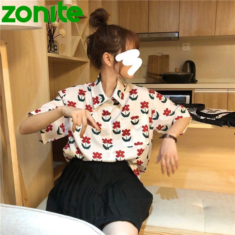 เสื้อเชิ้ตฮาวายแขนสั้นผู้หญิง ลายดอก - รูปที่ 1