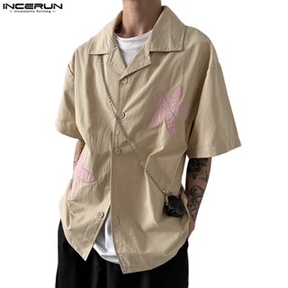 Incerun เสื้อเชิ้ต แขนสั้น ปักลายดอกไม้ ทรงหลวม สไตล์เกาหลี สําหรับผู้ชาย