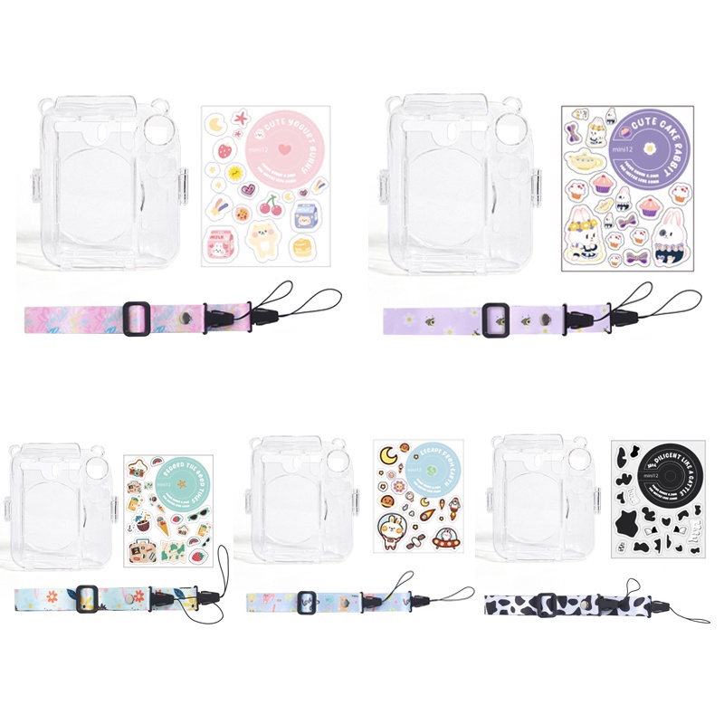 เกราะป้องกันกล้อง ฟรีสติกเกอร์น่ารักสําหรับ Instax มินิ 12 โปร่งใสเคสเก็บกล้องพร้อมสายรัดสําหรับ มินิ12 กระเป๋ากล้อง