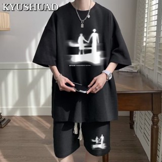 KYUSHUAD กางเกงขาสั้นเสื้อยืดแขนห้าส่วนขี้เกียจวรรณกรรม, ชุดลำลองวาฟเฟิล,