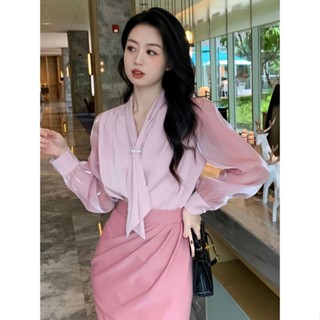 ใหม่ เสื้อเชิ้ตแขนยาว คอวี กระโปรงยาว สองชิ้น กระชับสัดส่วน แบบมืออาชีพ สําหรับผู้หญิง