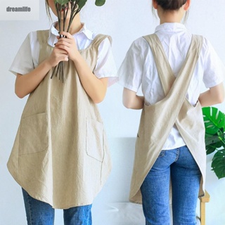 【DREAMLIFE】Women Apron Cross Back Linen Aprons Gray Khaki Soft 1Pcs For Home Or Studio