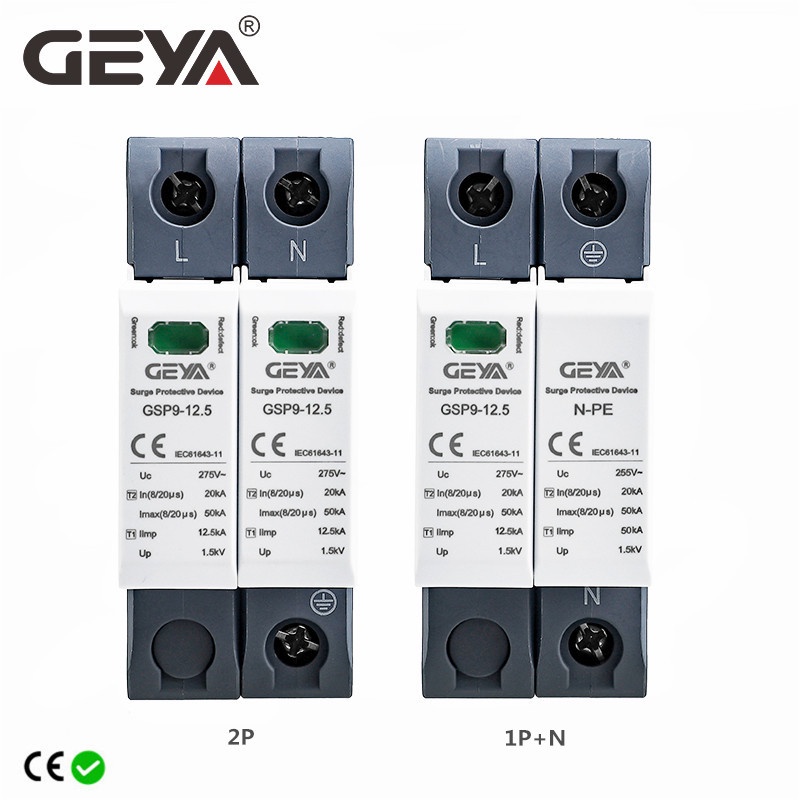 GEYA GSP9 12.5KA T1+T2 Class 50KA SPD 2P 1P + N Surge Protector 275VAC Din Rail House Surge Protector