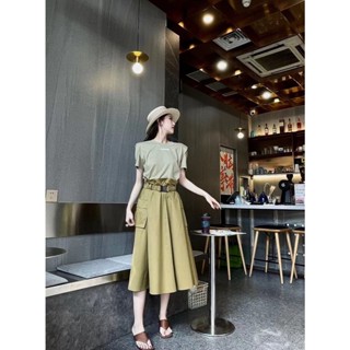 RHY4 JIL SANDER fashion brand 23 spring and summer new letter offset printing decoration fake two stitching waist elastic design shoulder pad T-shirt dress