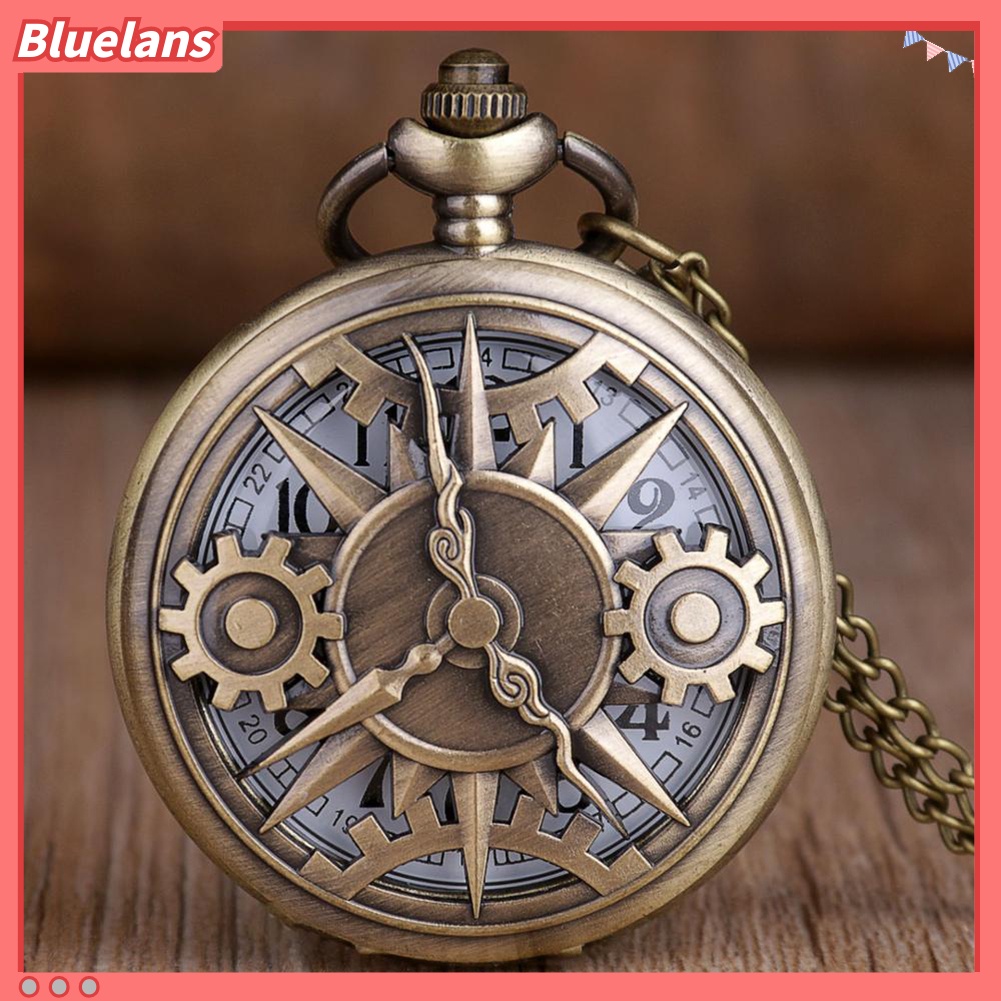 [BLS] Vintage Unisex Hollow Gear ตัวเลขอาหรับควอตซ์นาฬิกาพ็อกเก็ตสร้อยคอจี้