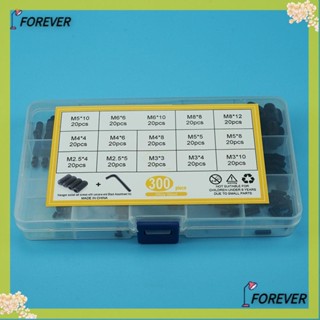 FOREVER ชุดสกรูหกเหลี่ยม สีดํา 300 ชิ้น พร้อมประแจหกเหลี่ยม M2.5 3 4 5 6 8 สําหรับมือจับประตู