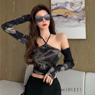เสื้อยืดแขนยาว เข้ารูป สีมัดย้อม สีดํา แบบทันสมัย สําหรับผู้หญิง