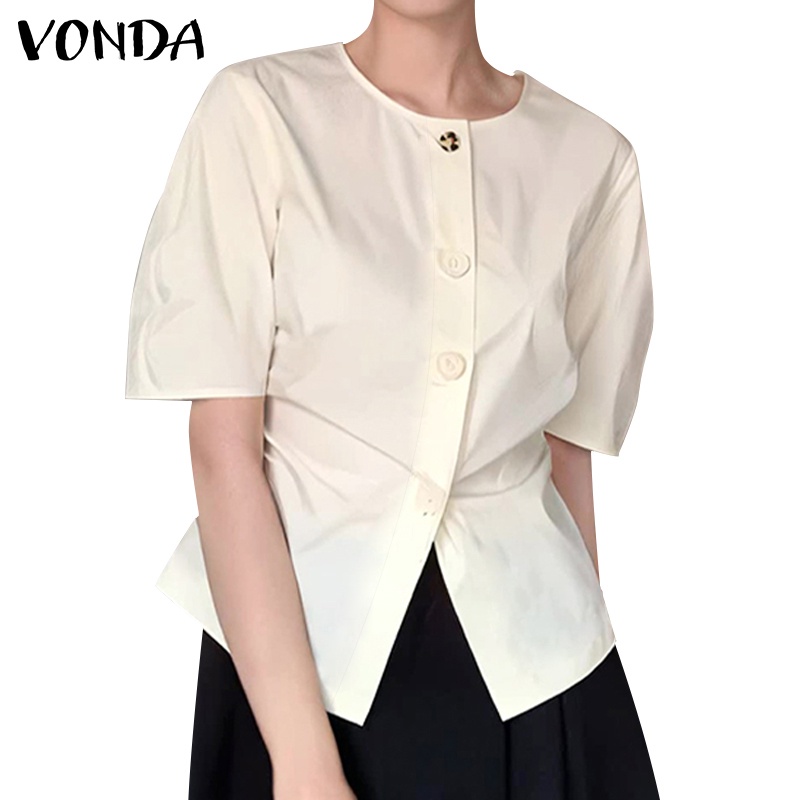 Vonda เสื้อคอกลม แขนสั้น เปิดกระเป๋า สีพื้น สไตล์เกาหลี สําหรับผู้หญิง