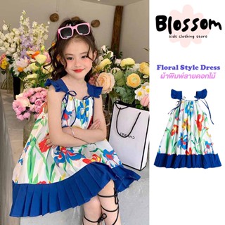 Blossom Kids Floral Style Dress ผ้าพิมพ์ลายดอกไม้ ชุดเดรสกระโปรง ทรงเอ จับจีบ พิมพ์ลายดอกไม้ สีตัดกัน สไตล์เจ้าหญิง สําหรับเด็กผู้หญิง อายุ 3-7 ปี