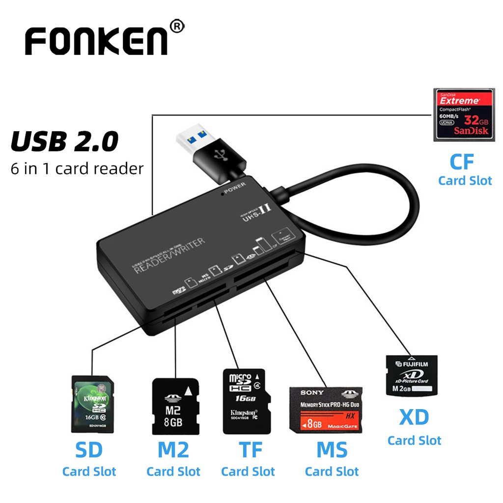 Fonken 6 in 1 เครื่องอ่านการ์ด Usb 2.0 Type-C อเนกประสงค์ CF M2 MS XD SD TF ช่องเสียบการ์ดหกช่อง กล้