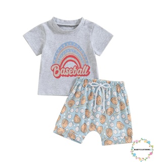 Babyclothes- ชุดเสื้อยืดคอกลม แขนสั้น พิมพ์ลายตัวอักษร และเบสบอล ปลาฉลาม และไดโนเสาร์ กางเกงขาสั้น แฟชั่นฤดูร้อน สําหรับเด็กผู้ชาย