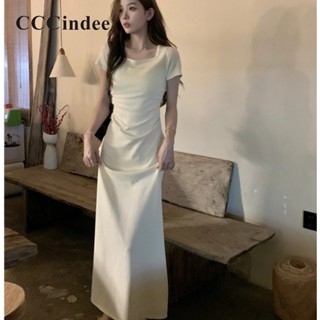 Cccindee ชุดเดรสยาว แขนสั้น คอสี่เหลี่ยม ผ้าถัก สีพื้น แฟชั่นสําหรับสตรี 2023