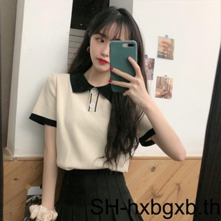 เสื้อกันหนาว คอปก แขนสั้น ผ้าถัก ทรงหลวม สีม่วง สําหรับผู้หญิง มี 1 ชิ้น