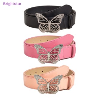 Brightstar ใหม่ เข็มขัดหนัง Pu ประดับเพชร ผีเสื้อ แวววาว สีเงิน แวววาว แฟชั่นสําหรับผู้หญิง ใหม่