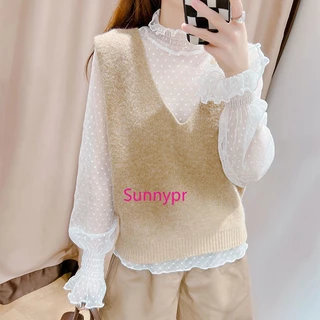 เสื้อเชิ้ต คอสูง แขนบาน ผ้าตาข่าย แต่งลูกไม้ สีขาว แฟชั่นฤดูร้อน สําหรับผู้หญิง