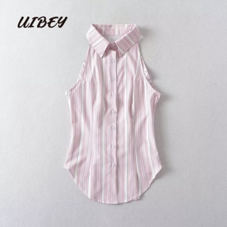 Uibey เสื้อเชิ้ต คอปก แขนกุด ลายทาง แฟชั่น 7301