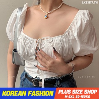 Plus size เสื้อผ้าสาวอวบ❤ เสื้อสาวอวบอ้วน ไซส์ใหญ่ ผู้หญิง เสื้อครอป แขนพอง คอเหลี่ยม สีขาว ฤดูร้อน สไตล์เกาหลีแฟชั่น