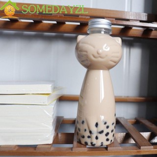 Somedayzl ขวดน้ําเย็น PET รูปแมว แบบใส หนา พร้อมฝาปิด สําหรับชานม กาแฟ น้ําผลไม้