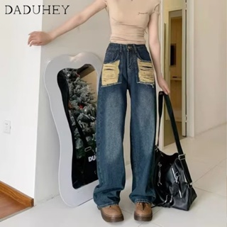 DaDuHey🎈 Womens New Korean-Style Retro Casual Jeans Loose High Waist Slim Straight Hole Pants