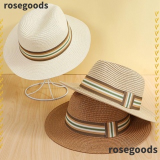 Rosegoods1 หมวกฟางปีกกว้าง กันแดด ทรงบักเก็ต อุปกรณ์เสริม สําหรับชายหาด ฤดูร้อน