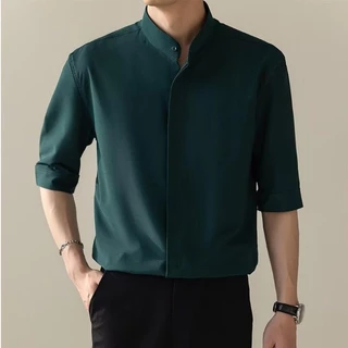 MANSTR ใหม่ เสื้อเชิ้ตแขนห้าส่วน 3 4 ผ้าเรยอน สีขาว ดํา เขียว สไตล์เกาหลี เหมาะกับฤดูร้อน สําหรับผู้ชาย