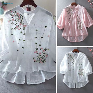 Bergenww_ เสื้อเชิ้ตลําลอง คอวี แขน 3/4 ปักลายดอกไม้ สไตล์เรโทร สําหรับผู้หญิง