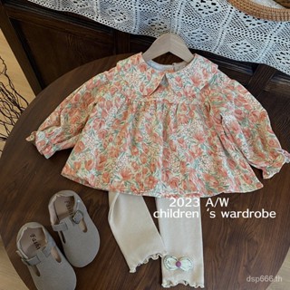 Korean style childrens clothing 2023 new autumn girls full print lapel shirt Western style childrens shirt doll shirt SLX0