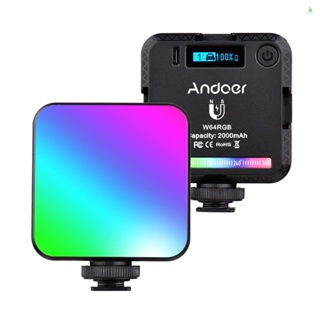 Phonelaptop Andoer W64RGB ไฟเติมแสงวิดีโอ RGB LED ขนาดเล็ก แบบชาร์จไฟได้ CRI95+ 2500K-9000K หรี่แสงได้ 20 เอฟเฟกต์แสง พร้อมจอแสดงผล LCD เมาท์โคลด์ชู 3 ชิ้น แม่เหล็ก