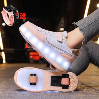 【สินค้าเฉพาะจุด】รองเท้ามีล้อ ไฟ LED คิดค่าใช้จ่าย 2 รองเท้าเดินแบบล้อเลื่อนแบบอินไลน์โรลเลอร์สเก็ต ล้อพับ