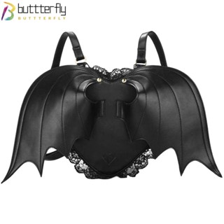 Buttterfly กระเป๋าเป้สะพายหลัง หนัง PU ลายปีกค้างคาว ปรับได้ สีดํา แฟชั่นฮาโลวีน สําหรับผู้หญิง