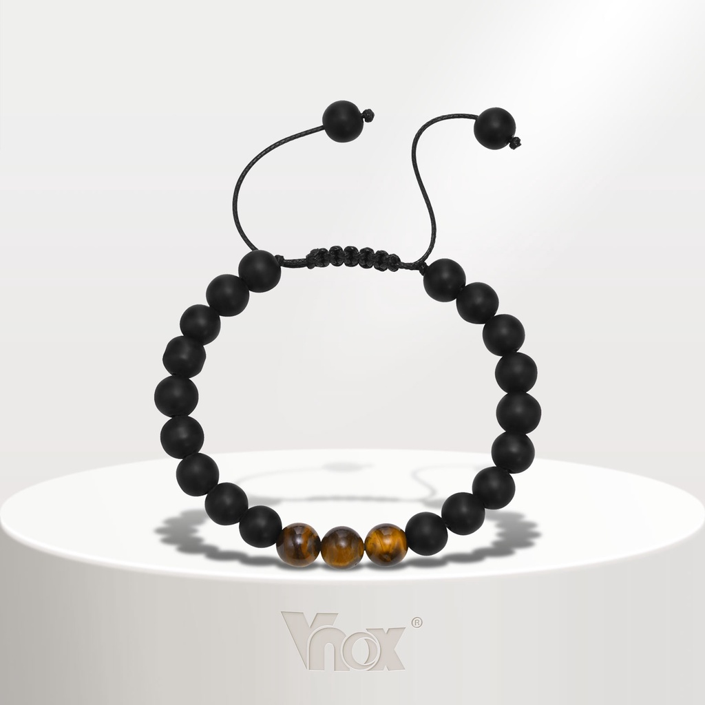 Vnox Brand สร้อยข้อมือลูกปัดหินธรรมชาติ 8 มม. ปรับขนาดได้ สีดํา สําหรับผู้ชาย