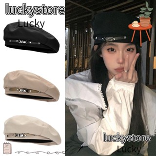 Lucky หมวกเบเร่ต์ หมวกเบเร่ต์ หัวเข็มขัดโลหะ ฤดูหนาว อบอุ่น ฤดูใบไม้ร่วง หมวกเบเร่ต์ สีพื้น ย้อนยุค หมวกบีนนี่ หมวกแบน หมวกผู้หญิง เด็กผู้หญิง