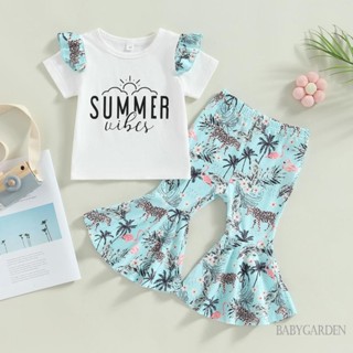 Babygarden-9m-4y ชุดเสื้อผ้าเด็กผู้หญิง พิมพ์ลายตัวอักษร เสื้อยืด แขนสั้น + กางเกงขาบาน พิมพ์ลายเสือดาว ฟลามิงโก้