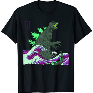 Teamgodzilla THE GREAT MONSTER OFF KANAGAWA เสื้อยืดแขนสั้น ผ้าฝ้าย 100% พิมพ์ลายคลื่น สีเขียว นําเข้า เหมาะกับเด็กผู้ชา