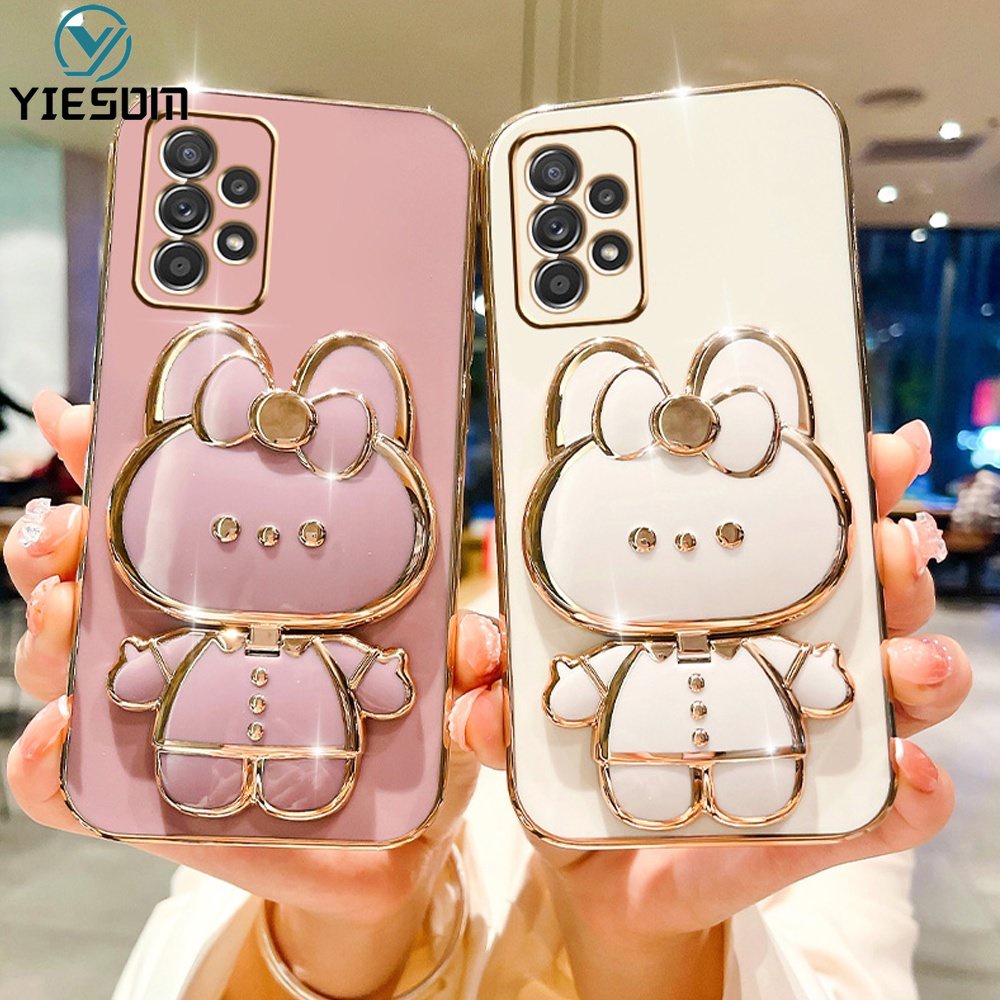 กระต ่ ายน ่ ารักพับขาตั ้ งโทรศัพท ์ สําหรับ Samsung Galaxy A52 A52S A72 5G A12 A22 A32 4G Make up กระจกแบบพกพาวงเล ็ บโทรศัพท ์ ผู ้ ถือฝาครอบ