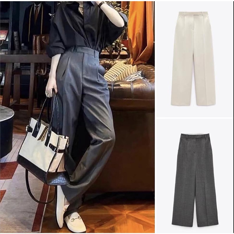 Zara กางเกง23ฤดูใบไม้ผลิรูปแบบใหม่ปุ่มซับและตะขอปิดจีบตกแต่งเอวสูงกางเกงกว้าง8372124