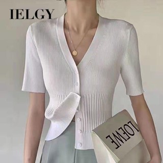 IELGY เสื้อคาร์ดิแกน คอวี ผ้าถัก เข้ารูป สไตล์ฝรั่งเศส เหมาะกับฤดูร้อน กลางแจ้ง สําหรับผู้หญิง