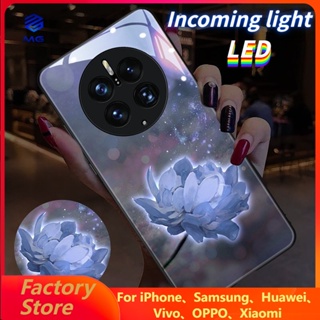 Mg เคสโทรศัพท์มือถือแบบแก้ว มีไฟกระพริบ LED ลายดอกไม้ สีฟ้า สําหรับ iPhone 14Promax 14Plus 13Promax 12ProMax 7plus 8plus XR XS X XSMAX 11ProMax 11pro