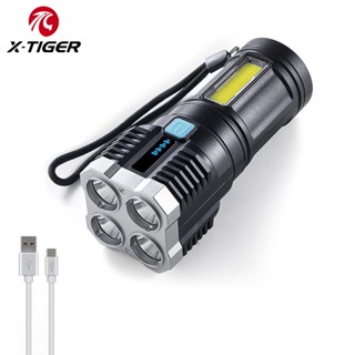 X-tiger ไฟฉาย LED 4 ดวง COB กันน้ํา ชาร์จไฟได้ ลูเมนสูง สําหรับกลางแจ้ง