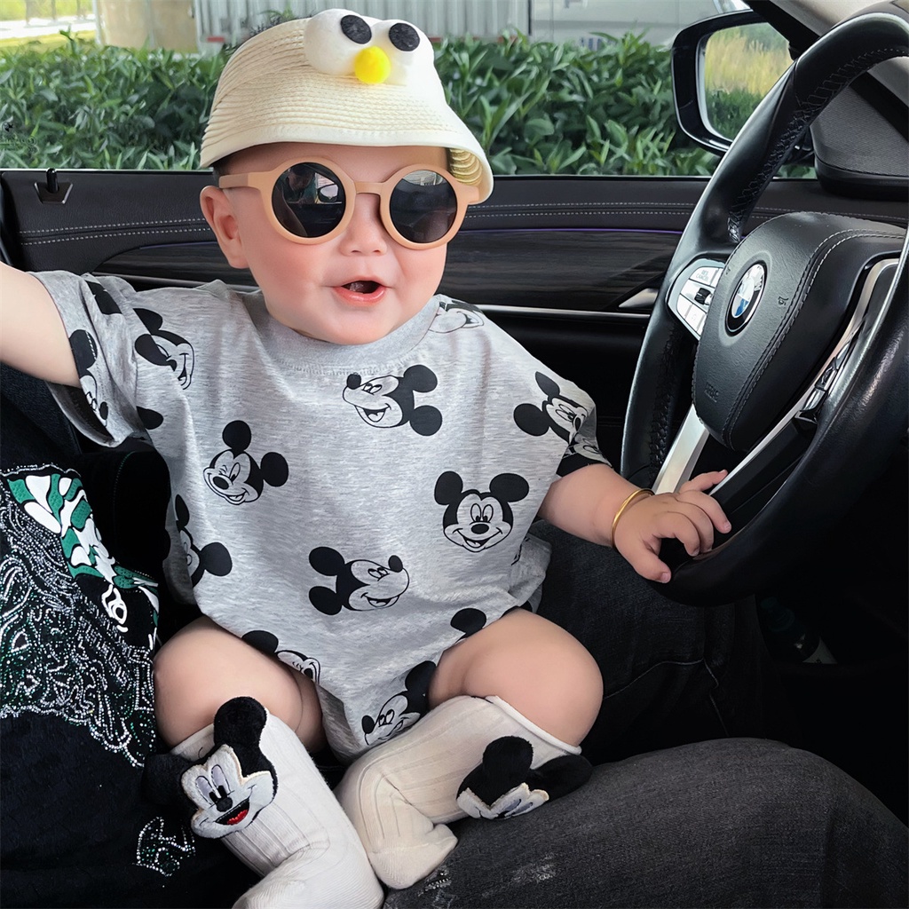 ชุดจั๊มสูท ผ้าฝ้าย แบบนิ่ม พิมพ์ลายมิกกี้ สีเทา สําหรับเด็กทารกแรกเกิด