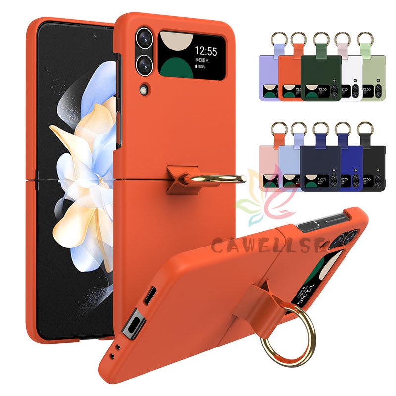 เคสโทรศัพท์ ซิลิโคนแข็ง กันกระแทก พร้อมแหวนนิ้ว บาง สีพื้น สําหรับ Samsung Galaxy Z Flip 4 Z Flip 3