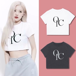 KPOP  เสื้อครอป BLACKINK ROSÉ Cotton  Womens Fashion QC Letter Print Round Neck Short-sleeved Tops Loose 2023 Korean